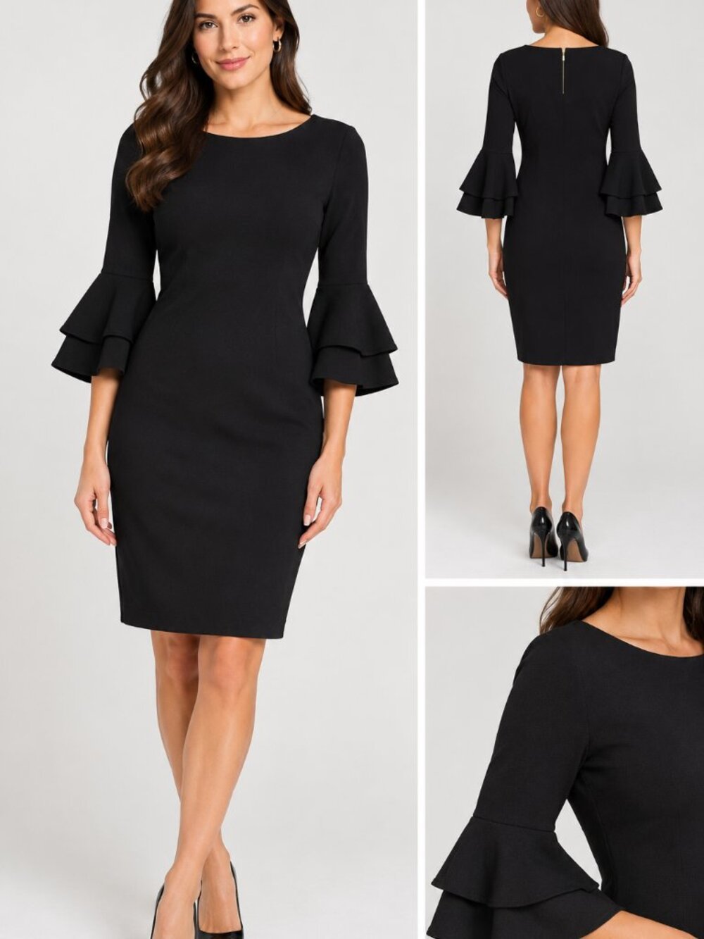 Calvin Klein Black Sheath Dress Women's Size 6 Bell Flare Cuff Sleeves